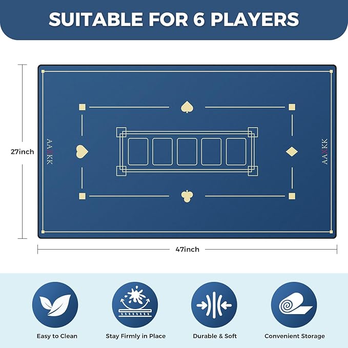 47 x 27 Inch 4-6 Person Small Texas Hold'em Practical Blue Poker Mat Portable Poker Table Tops Cards Game Mat Pad Topper Waterproof, Easily Clean & Glide Over, Anti-Slip, Odorless