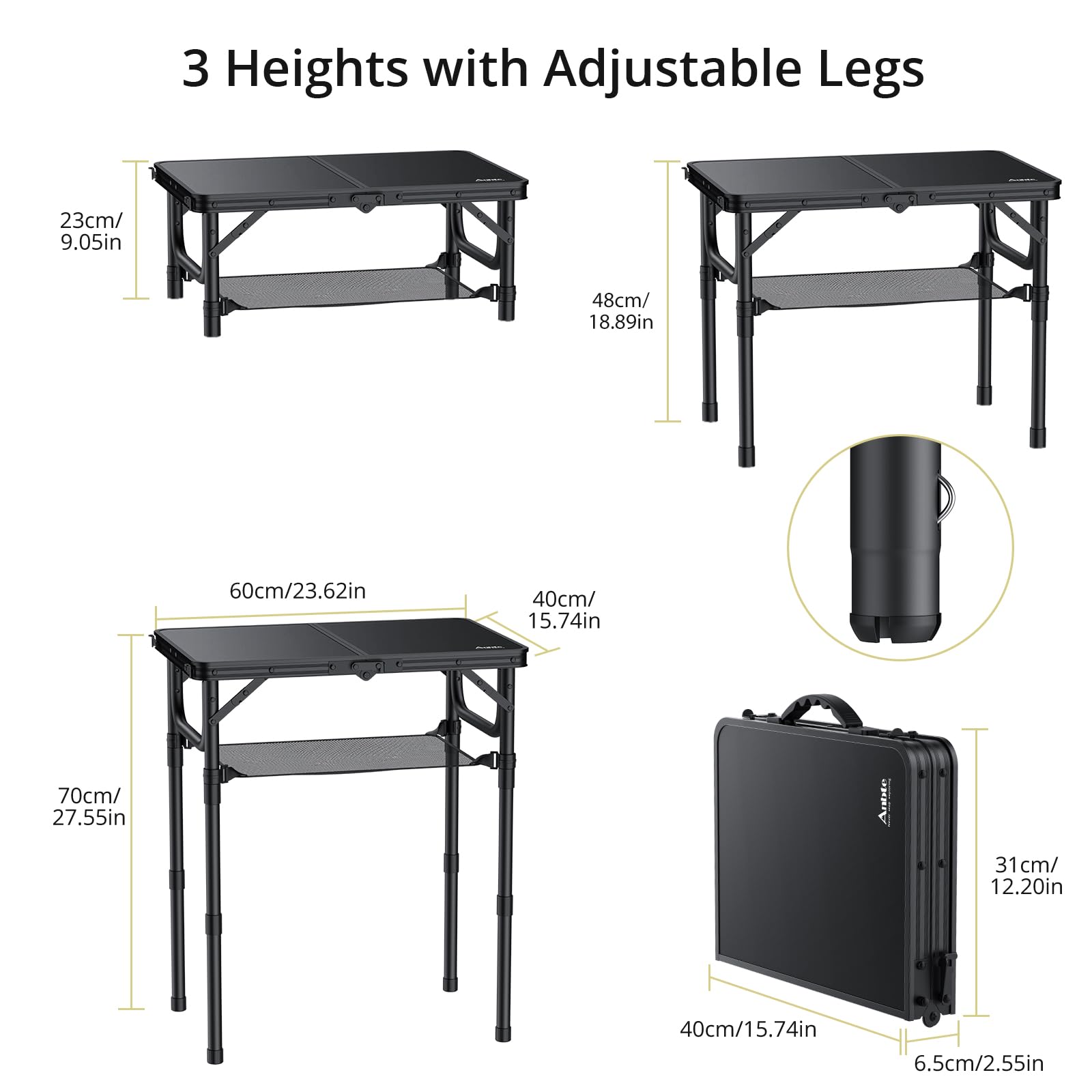 Anbte Folding Camping Table, 24"X 16" Adjustable Height Small Folding Table