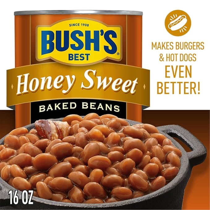 BUSH'S BEST 16 oz Canned Honey Sweet Baked Beans, Source of Plant Based Protein and Fiber, Low Fat, Gluten Free, (Pack of 12)