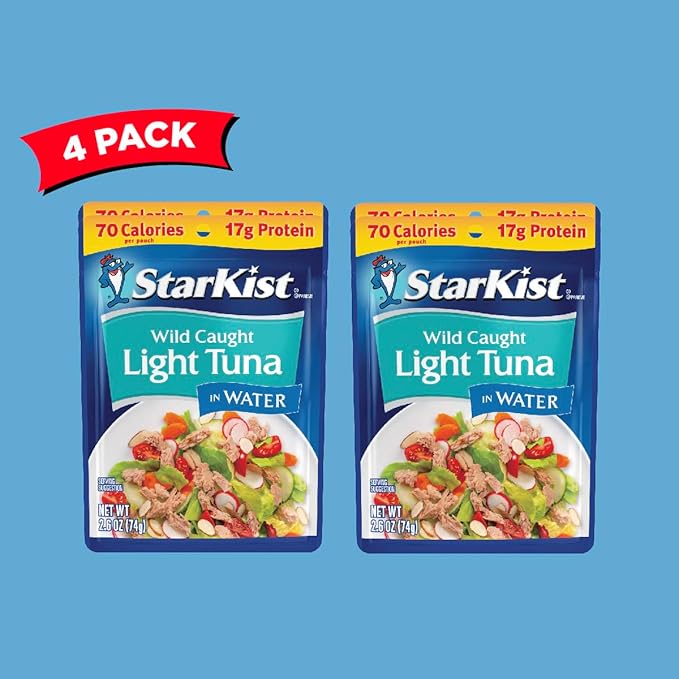 StarKist Chunk Light Tuna in Water, 2.6 oz Pouch (4 Pack) Ready to Eat Wild Caught Tuna, 17g Protein, 70 Calories Per Serving, Gluten Free, Soy Free, Kosher, Perfect for Salads, Keto Meals and Snacks