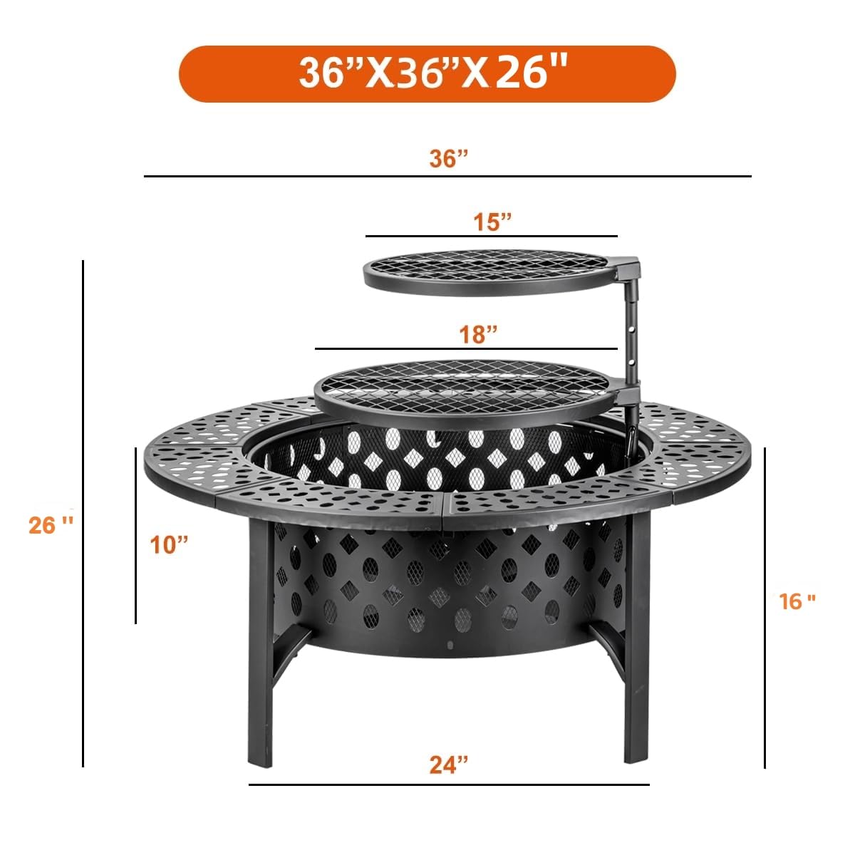 OutVue 36 Inch Fire Pit with 2 Grills,Wood Burning Fire Pits for Outside