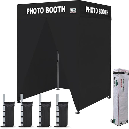 Eurmax USA 5'x5' Flat Top Pop-up Canopy Portable Photo Booth Tent for Events Wedding Photobooth for Professional Photos Photo Studio Photo Booth System with Roller Bag，Bonus 4 SandBags (Black)
