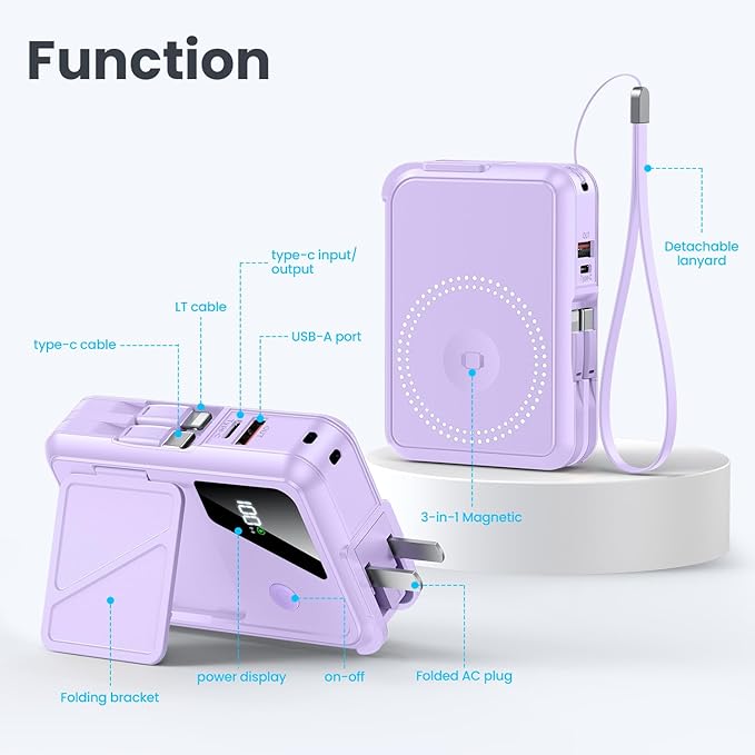 Wireless Portable Charger,5-in-1 Magnetic Power Bank 10000mAh Built in Cables and AC Plug,22.5W Fast Charging Magnetic Battery Pack,Compatible with iPhone 16/15/14/13/12,Apple Watch Series,Airpods