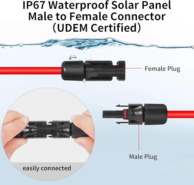 10AWG (6mm²) Solar Panel Extension Cable 1FT - Black & Red, Heavy Duty, Weather Resistant, Standard Solar Connectors Solar Extension Cable for Solar Power Systems, RVs, Boats