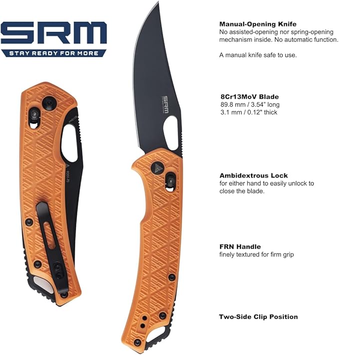 SRM Pocket Folding Knives, Ambidextrous lock, Tool-free Ambidextrous Clip, Stainless Steel Blade, FRN Handle, For Outdoor and EDC Use, 9201-PJ.…