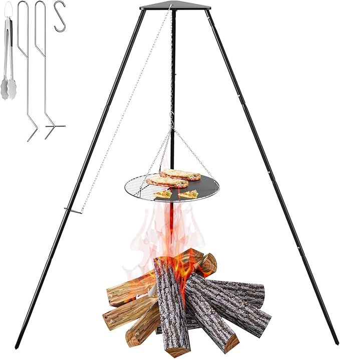 Campfire Tripod for Cooking, Campfire Cooking Equipment, Round Grill Grate with Adjustable Height for BBQ Picnic Outdoor Cookware Party & Collapsible Legs for Easy Storage