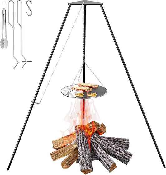 Campfire Tripod for Cooking, Campfire Cooking Equipment, Round Grill Grate with Adjustable Height for BBQ Picnic Outdoor Cookware Party & Collapsible Legs for Easy Storage