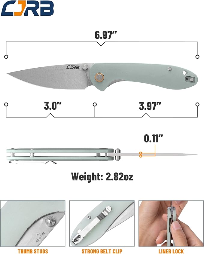 CJRB CUTLERY Folding Knife Feldspar Pocket Knife Stonewash D2 Steel Blade G10 Handle EDC Knife Green (J1912)