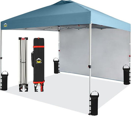 CROWN SHADES 10x10 Pop Up Canopy with 1 Side Wall - Beach Tent with One Push Setup - Outdoor Sun Shade for Events, Parties, Camping - Gazebo with STO-N-Go Cover Bag (Cyan Blue)