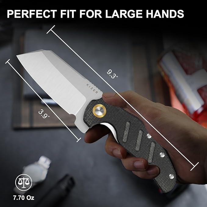 Kizer C01C XL Sheepdog Pocket Knife, 3.9" 14C28N Sheepsfoot Blade EDC Folding Knife with Black Burlap Norplex UltreX??Micarta Handle, Liner Lock, Flipper, Camping Knives for Men Women, V5488M2