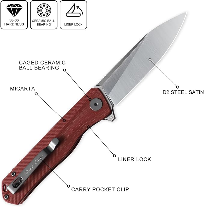 Petrified fish PF818 Folding Knife,3.54" D2 Steel Satin Blade,104g Micarta Handle Pocket Folding knife (Red, Micarta)