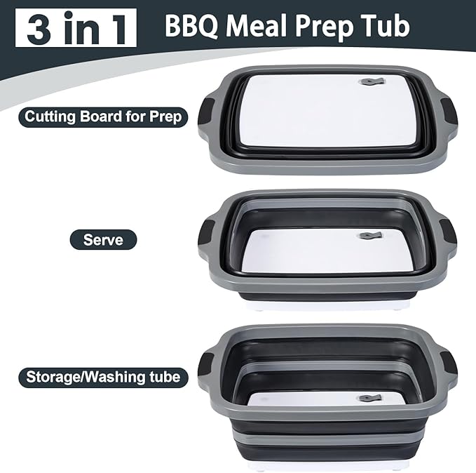 Collapsible BBQ Prep Tubs with Lids, Grill Cutting Board, Camping Sink with Drainage Hole for Meal Prep, Fruit Wash and Food Storage, Marinating Container, 16L Black Tub 20"