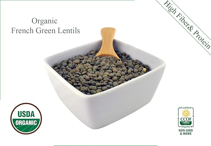 Organic French Green Lentils Whole Raw, High Fiber Non-GMO-Bulk (3LB)