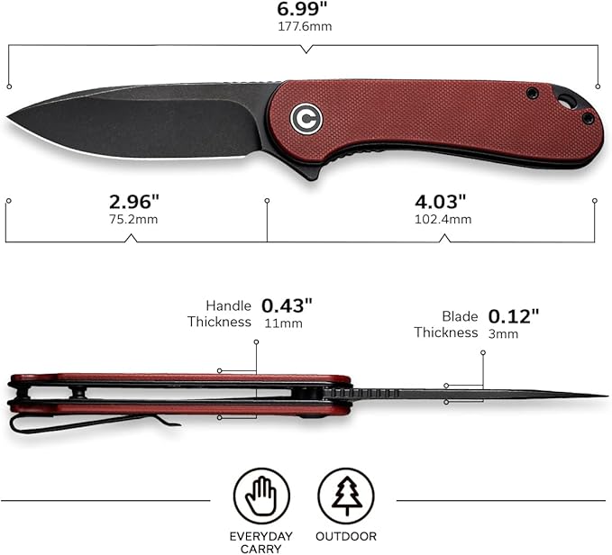 CIVIVI Elementum Pocket Folding Knife,Black Stonewashed D2 Blade Burgundy G10 Handle, Good for EDC Outdoor C907A-1
