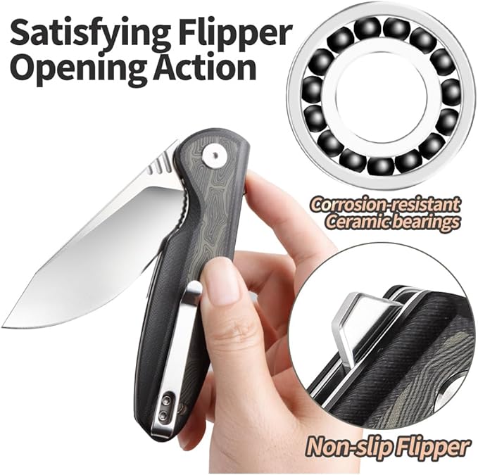 ioko Folding knife D2 blade material, G10 two-color handle, suitable for men and women outdoor camping carrying knife, sharp and durable blade, with pocket clip (argent)