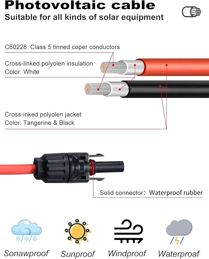 12AWG Solar Panel Extension Cable 30FT 4mm² with Female and Male Connector Solar Panel Cable for Solar Panels Solar Controllers (30FT Red + 30FT Black)