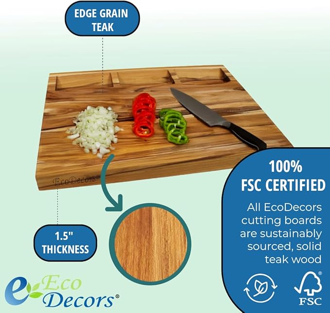 EcoDecors, Teak Cutting Board 20"x15" Reversible Edge Grain, Extra Large Solid Teak Wood Carving Board with Juice Groove, 3 Charcuterie Trays, Side Handles, Best Wooden Cutting Board for Kitchen