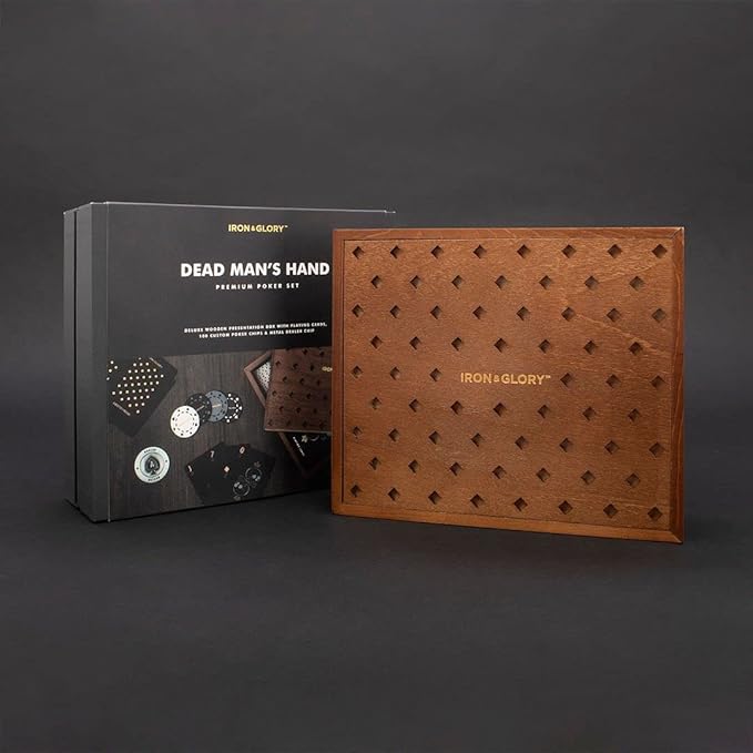Iron & Glory Poker Set - Luxury Poker Set in Premium Wooden Box - Includes Playing Cards & 100 Custom Chips - Below Deck - Engraved Ace Of Spades Metal Dealer Chips - Board Games - Travel Games