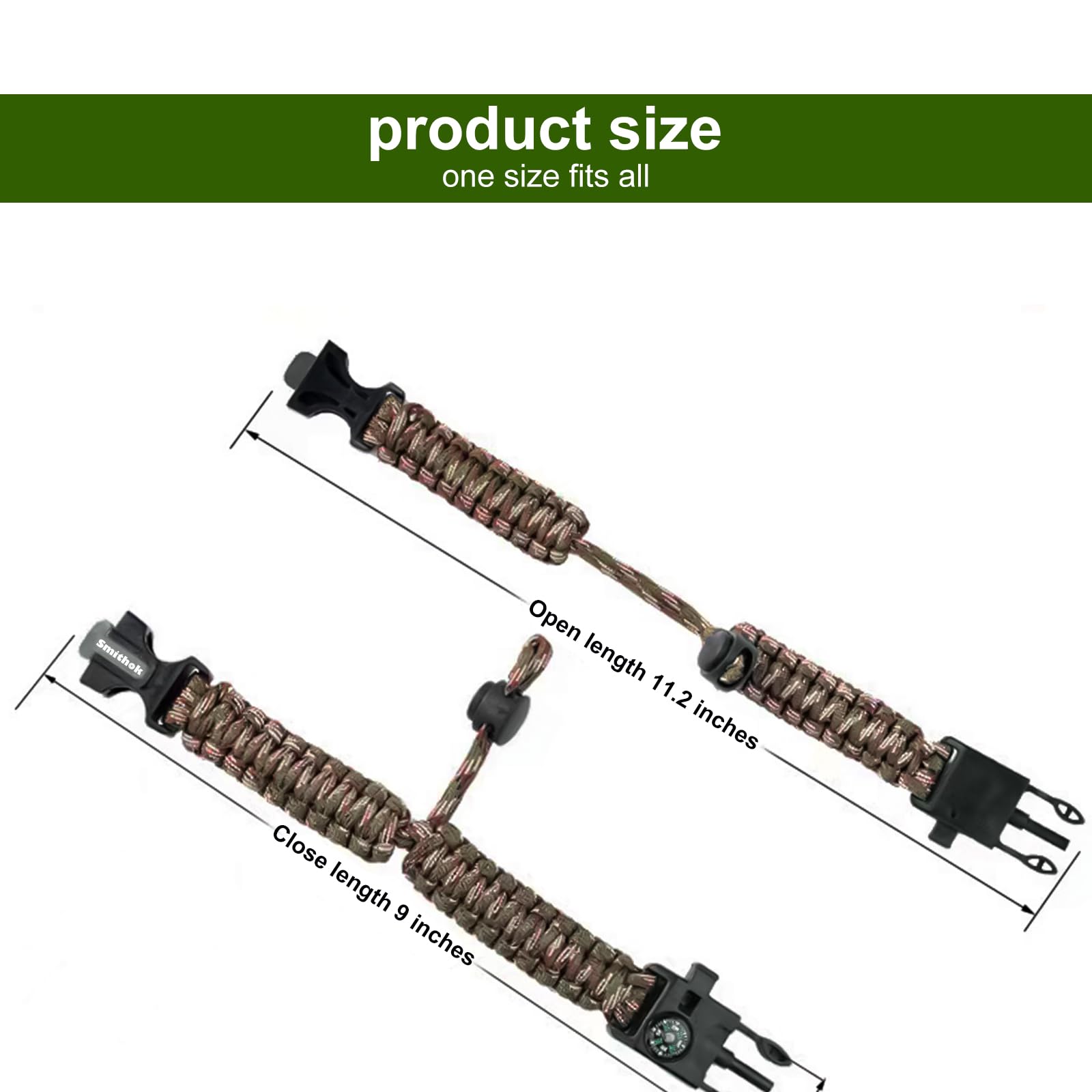Smithok Paracord Survival Bracelet-Length Adjustable,Loud Whistle Emergency Compass Survival Fire