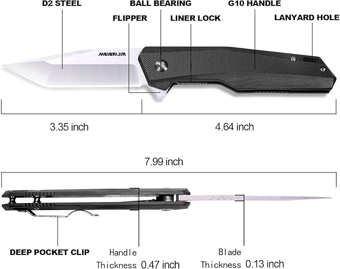 Pocket Knife D2 Blade Folding Knife with G10 Handle, Liner Lock, Pocket Clip, Smooth Flipping Action EDC Knife with Ball Bearing for Hiking Camping Outdoor