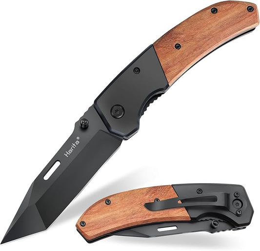 Harita Pocket Knife for Men, Folding Utility with Pocket Clip, Wood Handle EDC for Women with 3.4″ Black Steel Blade, Camping Knife, Hunting, Hiking - Father's Day Gift (Back, 3.4 inch Classic Blade)