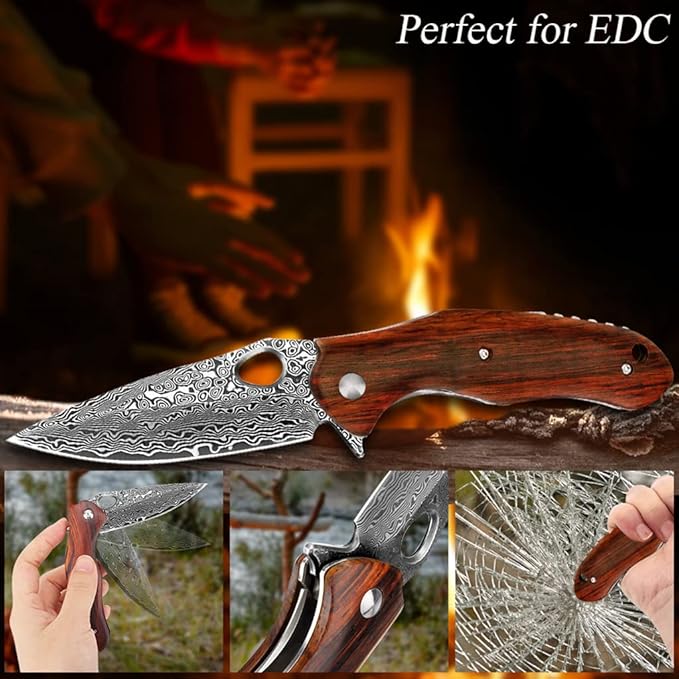 Benkey Damascus Folding Knife, Sharp VG10 Core Damascus Steel Pocket Knives with Natural Wood Handle, Quality Leather Sheath, Ball Bearing, Liner Lock, Lightweight Pocket Knife for EDC Men Women