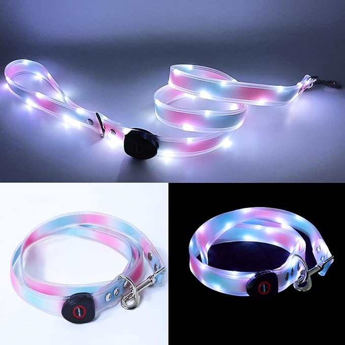 LED Dog Leash,4 Ft Light Up Waterproof Rechargeable Safety Glow in The Dark Dog Leash for Small Medium Large Dogs Walking at Night Pets （Pink Blue）