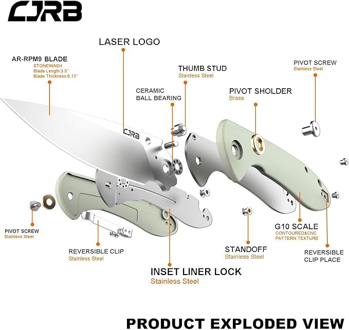 CJRB Feldspar Pocket Folding Knife Stonewash AR-RPM9 Steel Blade G10 Tactical Handle EDC Knives Green-Large (J1912)