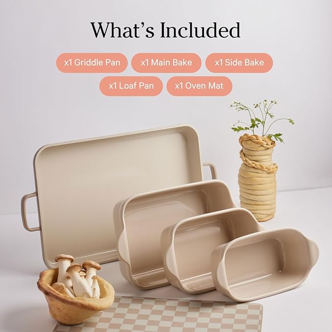 Our Place Bakeware Set | 5-Piece Nonstick, Toxin-Free, Ceramic, Cast Aluminum Set with Oven Pan, Bakers, & Oven Mat | Space-Saving Nesting Design | Oven-Safe | Bake, Roast, Griddle and more | Char