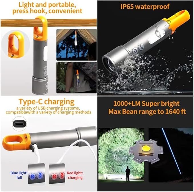 LED Rechargeable Tactical Flashlight High Lumens, Brightest Flashlights for Emergencies Camping COB Sidelight, Zoomable Multicolor Lenses Flashlight Hiking Hunting.