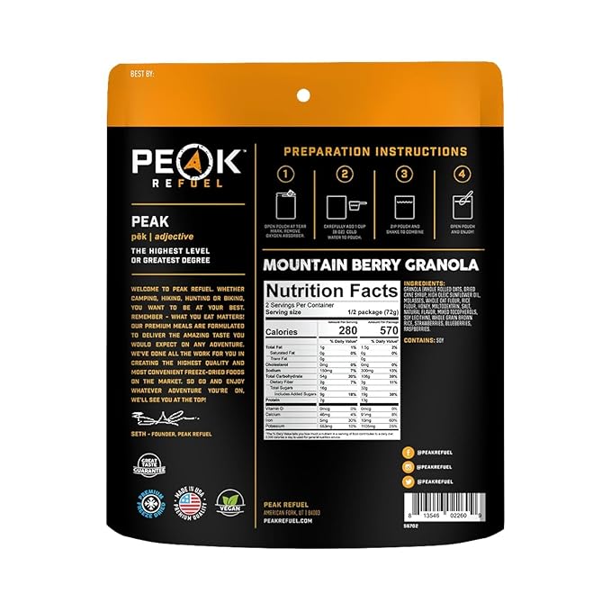 Peak Refuel Mountain Berry Granola 2-Pack | Freeze Dried Backpacking, Camping & Emergency Prep Food | 2 Servings Pouches | 2 Servings Per Pouch