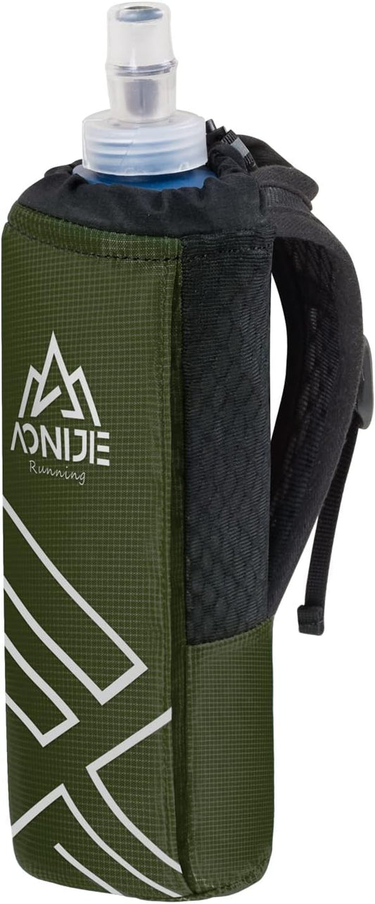 AONIJIE Quick Grip Handheld Water Bottle for Running, Hand Strap Hydration Pack with 500ml Handheld Soft Flask Water Bottle (Olive Green)