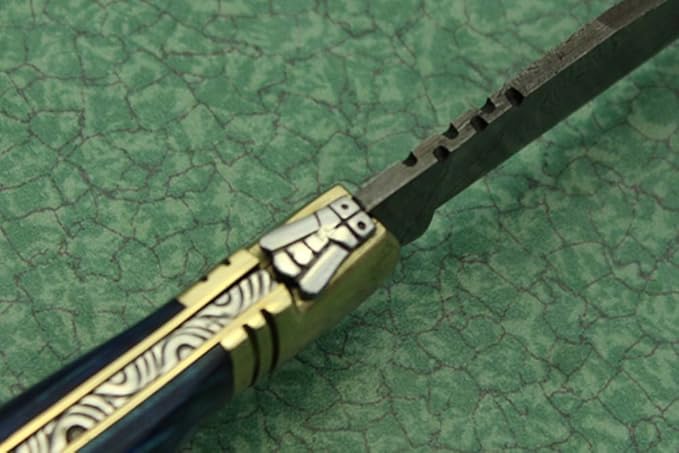 Laguiole Folding Damascus steel knife, 8.6" Long with 4" hand forged custom twist pattern Blade. Blue colored wood with brass bolster, Cow hide leather sheath included