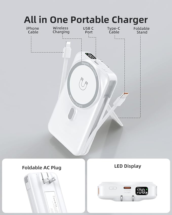 for Magsafe Battery Pack 10000mAh Magnetic Power Bank, 22.5W PD 3.0+QC 4.0 Super Charging Wireless Portable Charger, Built-in Cables &AC Wall Plug &Stand &LED Display for iPhone 17/16/15/14/13 Series