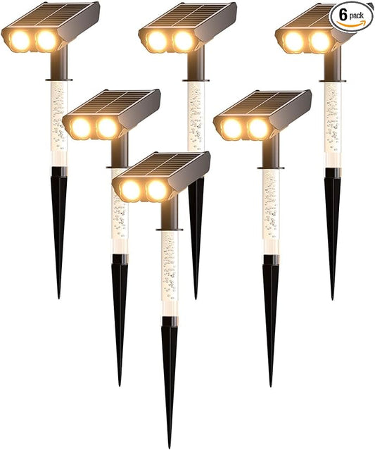 Solar Lights Outdoor Waterproof: 2 IN 1 Solar Spot Lights with 2 Lighting Modes & PC Light Guide Column for Tree Garden Yard Pathway | Warm Yellow 3000k Landscape Lights | IP65 Waterproof | 6 Pack