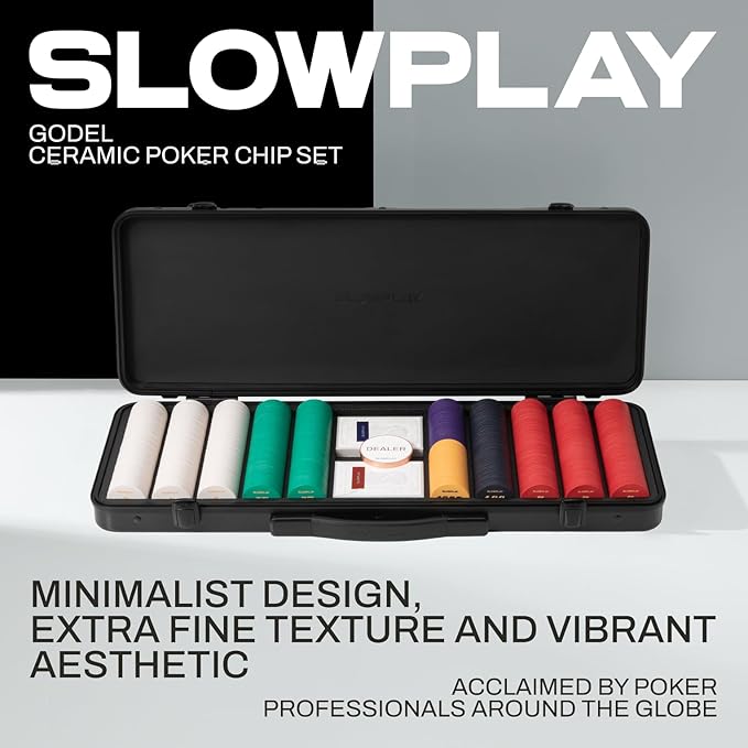 SLOWPLAY Godel Ceramic Poker Chips Set for Texas Hold'em, 300 PCS [with Numbered Values], 43mm & 12g Each | Features a High-end Chip case with Extra Durable German Polycarbonate Shell