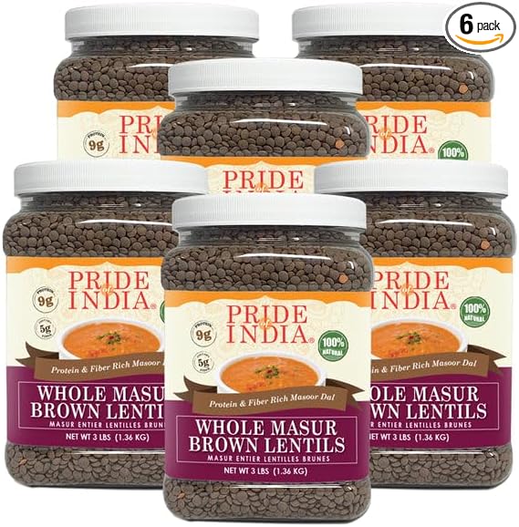 Pride Of India - PACK of 6 - Indian Whole Brown Crimson Masur Lentils - Protein & Fiber Rich Masoor Whole, 3 Pound Jar