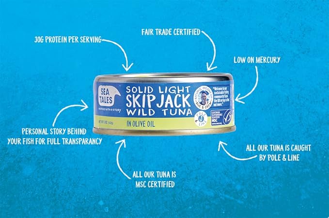 Sea Tales Solid Light Skipjack Canned Tuna in Olive Oil - 100% Pole & Line Wild Sustainably Caught - Fair Trade Certified - High Protein Food - Keto Friendly - 5 oz. Cans (Pack of 12)