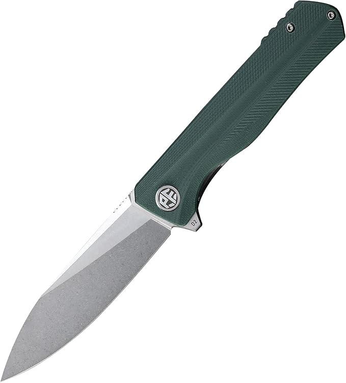 Petrified fish G10 handle D2 steel blade 2CR13 liner ball bearing flipper folding knife camping hunting EDC pocket tool PF818 (Green, Stonewash)