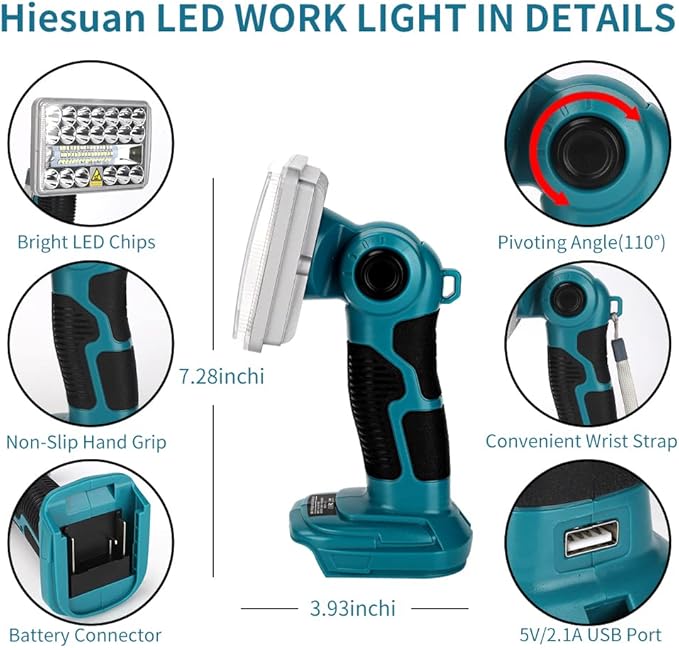 Work Light for Makita 18v Battery, 18w Flashlight, 2000LM Portable Flood Light with USB-A Port for Jobsite, Camping, Car Repairing, Garage, Power Outages