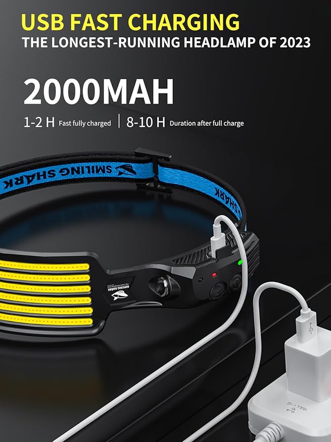Smiling Shark Rechargeable Headlamp, 230°Wide Angle 6*White Light The Brightest LED Head Lamp with Motion Sensor Waterproof Headlight for Camping Hiking Outdoor, Head-Lamp-LED-Frontale-Rechargeable