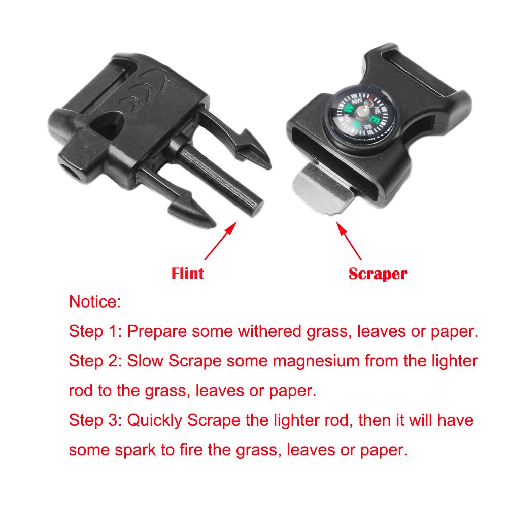 12pcs Pack Mix Colors 5/8" Compass Flint Scraper Fire Starter Whistle Buckle Plastic Paracord