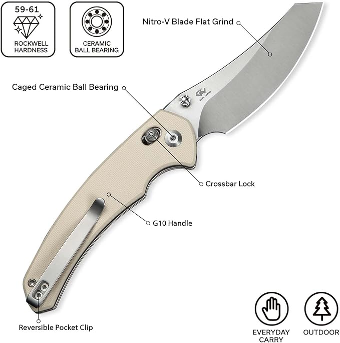CIVIVI Sixgill Folding Pocket Knife for EDC, 3.41'' Nitro-V Blade G10 Handle, Deep Carry Reversible Clip, Gift for Men Women C24050-2 (Ivory)