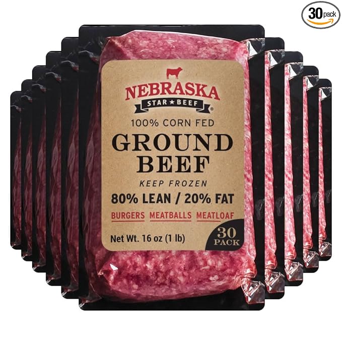 Nebraska Star Beef Angus Ground Beef, 30lb Pack (30 x 1lb) - Premium Frozen Hamburger Meat, 80/20 Lean