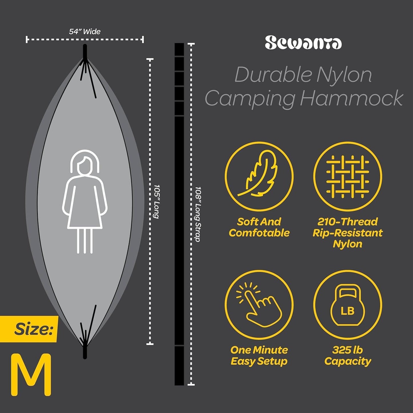 Durable Hammock 400 lb Capacity, Nylon Camping Hammock Chair - Double or Single Sizes w/Tree Straps