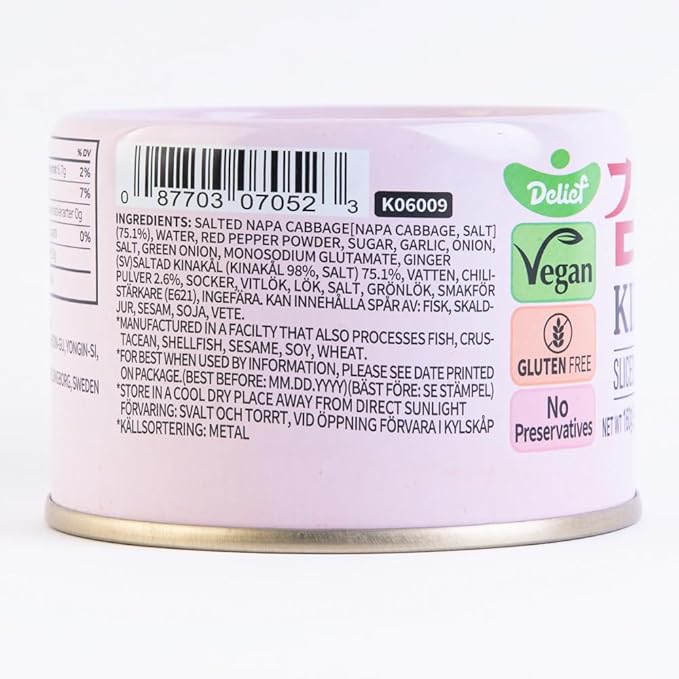 DELIEF Sliced Spicy Kimchi - Authentic Korean Napa Cabbage, Vegan, Gluten-Free, Shelf-Stable Canned, No Preservatives, 5.64 oz/160 g (4 Packs)