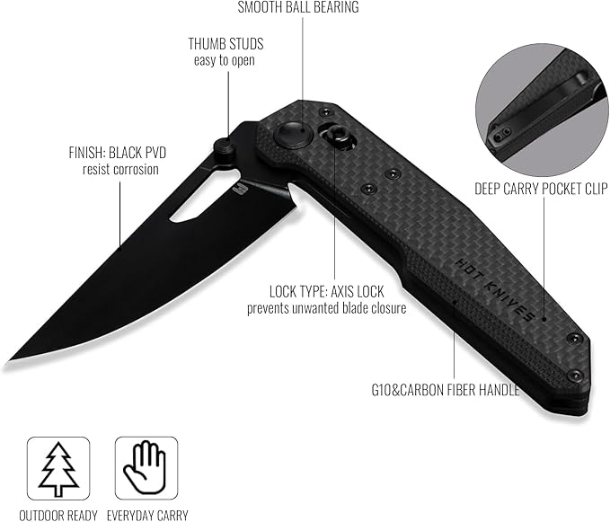 Sharplyn Folding Pocket Knife, 3.6" 14C28N Steel Blade (Reverse Flick) G10&Carbon Fiber Handle- EDC Folding Knife with Crossbar Axis Lock and Pocket Clip for Camping Hiking and for Men Women Black