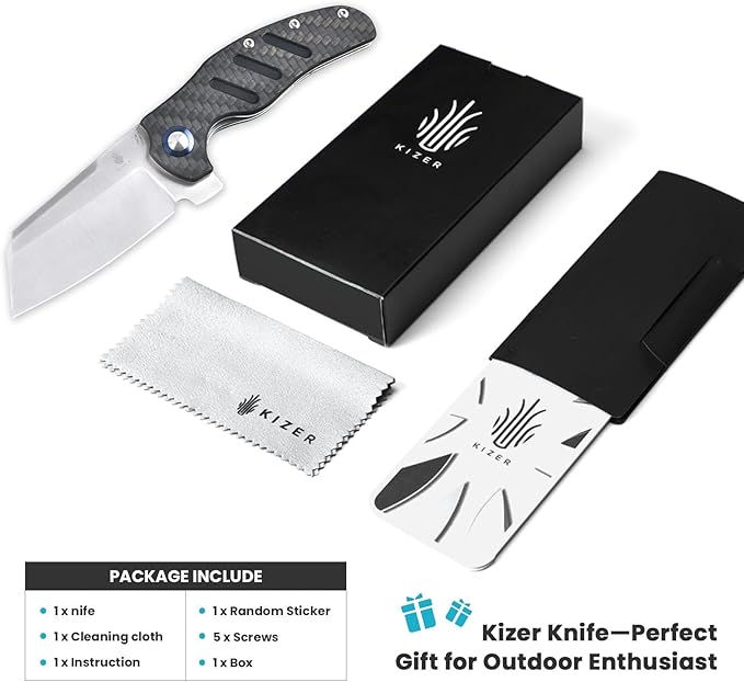 Kizer C01c (XL) Sheepdog Pocket Knife, 154CM Sheepsfoot Blade Folding Knife with Gray Carbon Fiber G10 Handle, Camping Knives with Clip for Men Women, EDC Hunting Survival Knives, V5488C3