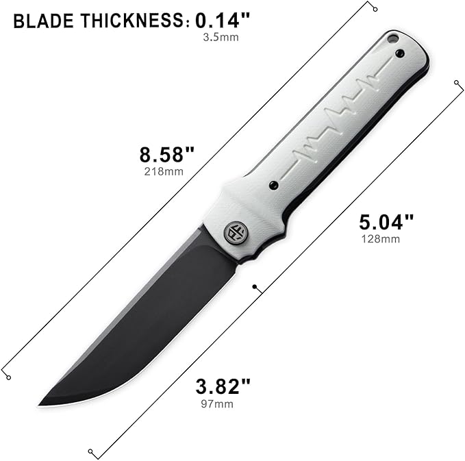 Petrified fish PFB04 Tena Folding Knife, 3.82" D2 Steel Black Stonewashed Blade G10 Handle Pocket Folding knife for EDC Camping Outdoor (White Black Stonewashed)
