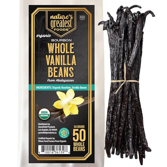 Nature's Greatest Organic Madagascar Bourbon Vanilla Beans - Grade B, Non-GMO, Kosher, Gluten - Free | Sustainably Sourced & Naturally Derived | Premium Quality Extract, Baking, and Cooking 50ct